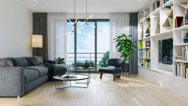 istock Large luxury modern bright interiors Living room mockup illustration 3D rendering image 2155136260