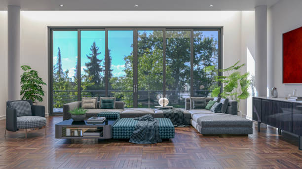 istock Large luxury modern bright interiors Living room mockup illustration 3D rendering image 2155136327