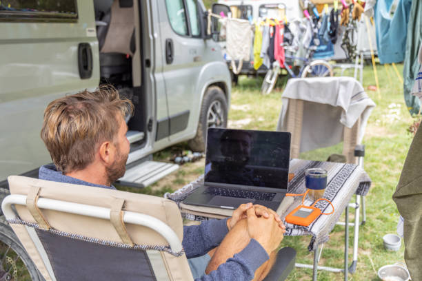 istock Man Working on Laptop at Campsite with Camper Van 2155136486