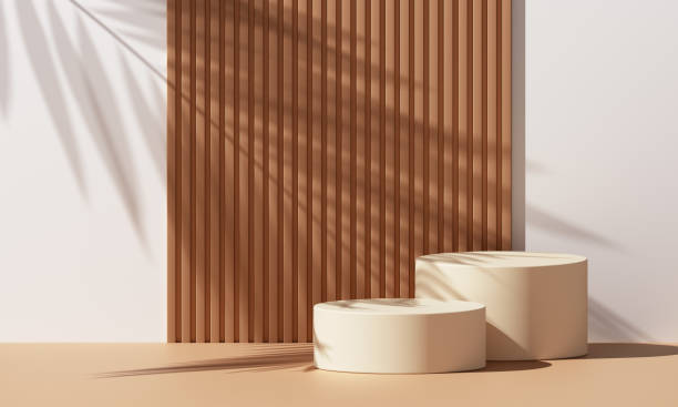 istock Wood wall product podium 3d display background empty stand wooden platform with abstract shadow light minimal summer backdrop studio or cosmetic advertising presentation natural beauty art concept. 2155137346