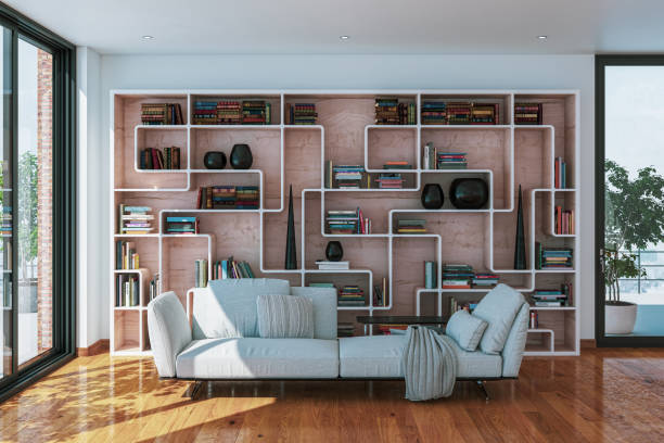 Modern Living Room Interior with Bookshelf, Sofa, Armchairs. 3D Render