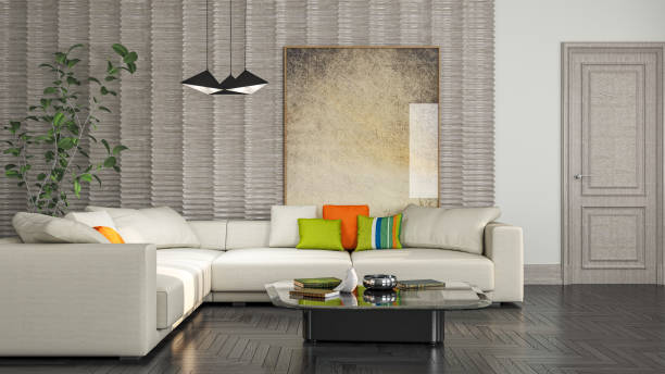 istock Large luxury modern bright interiors Living room mockup illustration 3D rendering image 2155138326