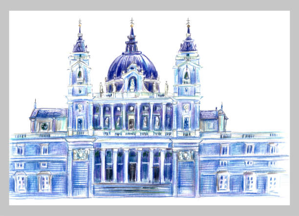 istock Hand drawn colorful Madrid city skyline sketch. Bright architecture drawing. Almudena Cathedral. 2155138861