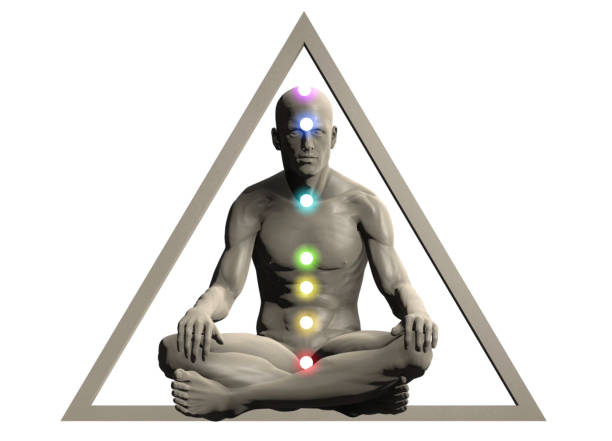 The chakras of a yogi sitting in the lotus position in a Triangle. In spiritualism, the flat triangle symbol means mastering the sevenfold ground knowledge and is associated with rooting. / You can see the animation movie of this image from my iStock video portfolio. Video number: 2154282550
