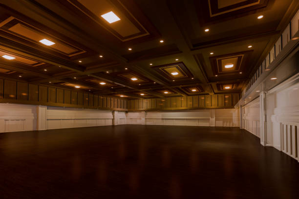 istock Empty convention hall center .The backdrop for exhibition stands,booth elements. Meeting room for the conference.Big room for entertainment,concert,event,trade show,wedding.ballroom luxury.3d render. 2155143218