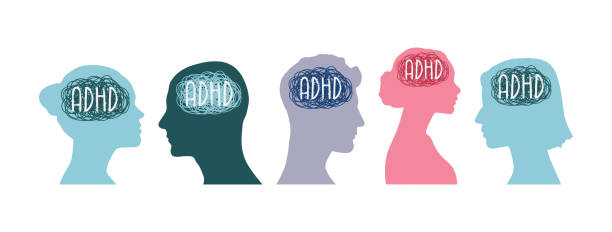 ADHD Attention disorder vector illustration of humans heads silhouette with messy lines of thinks. Mental disorder icon set ADHD Attention disorder vector illustration of humans heads silhouette with messy lines of thinks. Mental disorder icon set behavioral-theory stock illustrations