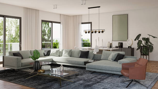 istock Large luxury modern bright interiors Living room mockup illustration 3D rendering image 2155147654