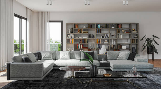 istock Large luxury modern bright interiors Living room mockup illustration 3D rendering image 2155147659