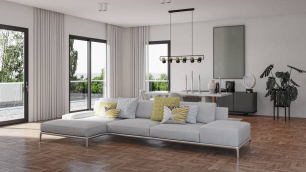 istock Large luxury modern bright interiors Living room mockup illustration 3D rendering image 2155147665