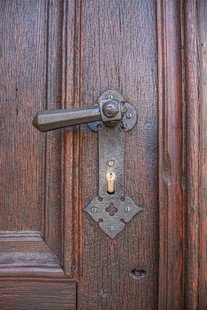 metal door handle on a wooden door, close-up