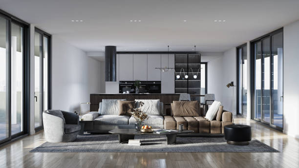 istock Large luxury modern bright interiors Living room mockup illustration 3D rendering image 2155152002