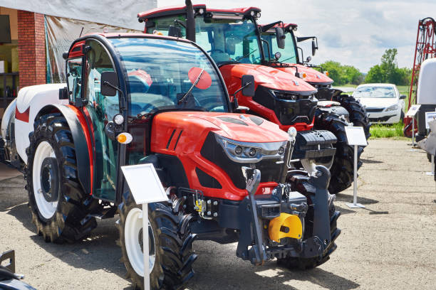 istock Agricultural tractor machines on exhibition 2155153594