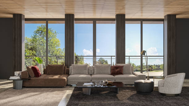istock Large luxury modern bright interiors Living room mockup illustration 3D rendering image 2155154630