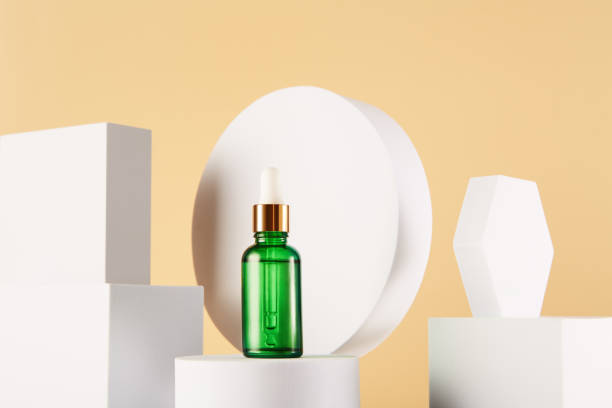 istock Aroma oil, serum bottle mock up on yellow background. 2155163635