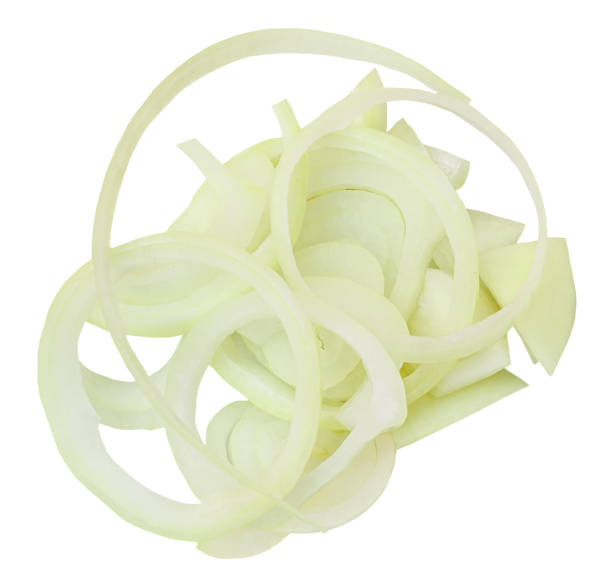 istock Chopped onion rings isolated on a white background. Onion slices  closeup. Top view. Flat lay 2155170364