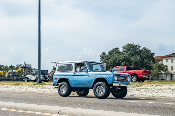Gulfport, MS - October 05, 2023: Wide angle front corner view of a 1974 Ford Bronco 2 Door SUV at a local car show.