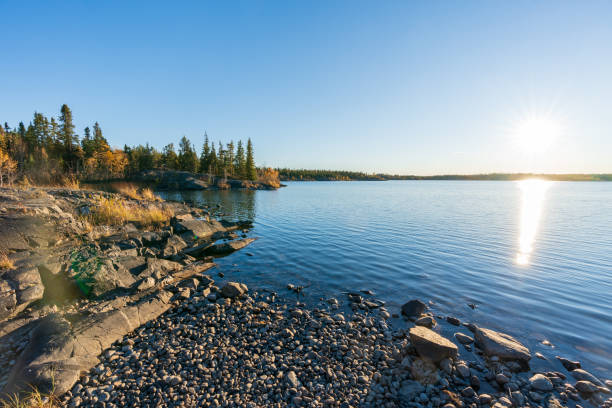 Frame Lake shore at sunset time. Yellowknife, Canada.