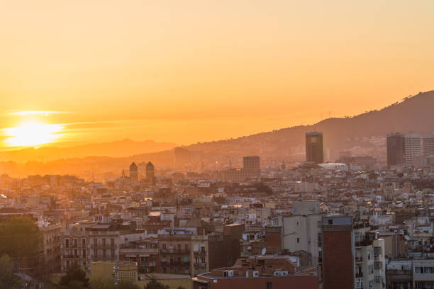 panorama of the city at sunset, Barcelona, Spain