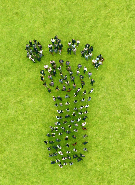 group of people standing in formation on a green grassy field, arranged to create the shape of a large human footprint. The aerial perspective emphasizes the distinct outline of the footprint against the vibrant grass background, symbolizing concepts such as environmental impact or community efforts.