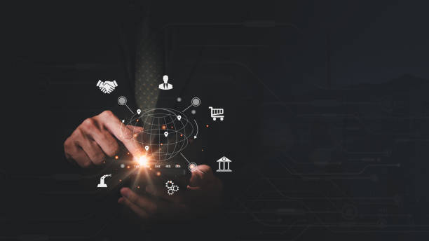 Businessman using smart phone . Global business internet connection application technology and digital marketing. Finance and Banking Digital Link Technology Big Data