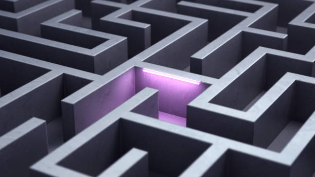 istock Rectangle Shaped Maze Concrete and fluorescent glowing purple light concept 2155175455