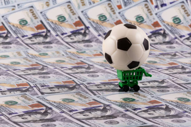 Miniature soccer ball with $100 bills in the background