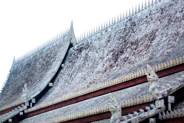 Thai church roof with reflection below the blue sky