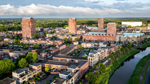 Golden hour with modern buildings at Amersfoort Vathorst, The Netherlands