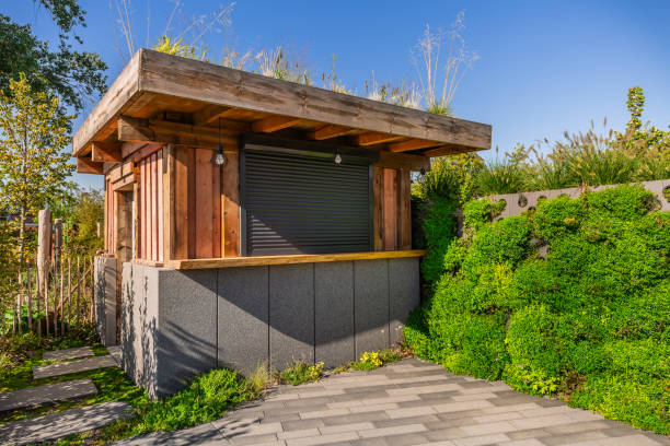 istock Garden shed with green roofing and vertical garden, green roofing concept 2155191267