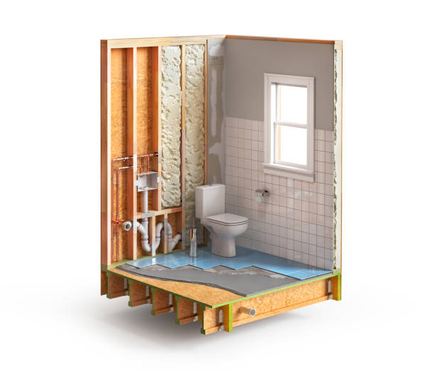 A small tiled bathroom featuring a handheld shower, soap holder, and a metal ladder placed under a vented window, suggesting maintenance.