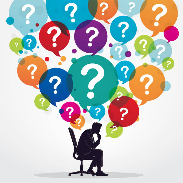 Thinking businessman with colourful question bubbles above his head Thinking businessman sitting in office chair with colourful question bubbles above his head. question mark people one person silhouette stock illustrations