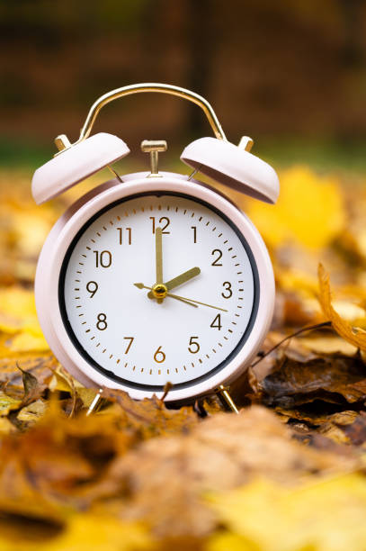 istock Alarm clock with autumn foliage, end of daylight saving time in fall, winter time changeover 2155203978
