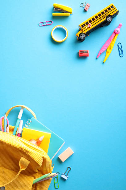 istock Back to School Supplies on Blue Background. Flat lay, top view, copy space. 2155208906