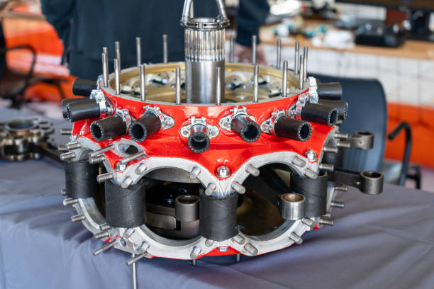 Side view of the engine of a propeller plane engine in airport