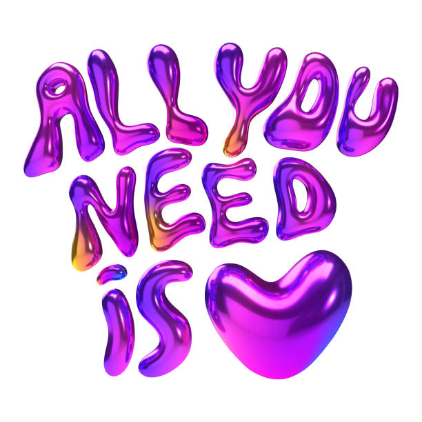 Phrase All you need is love isolated on white background. 3D lettering. Text with lollipop texture. Glossy surface. Valentines day card. Rainbow bubble typeface
