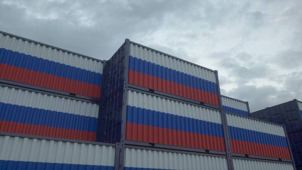 istock Russia flag containers are located at the container terminal. Russia export or import concept. 3d illustration 2155221414
