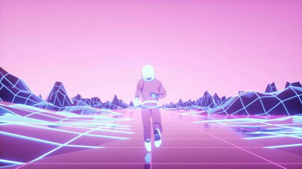 istock Astronaut runs surrounded by flashing neon lights. Retro 80s style synthwave background. 3d illustration 2155221544