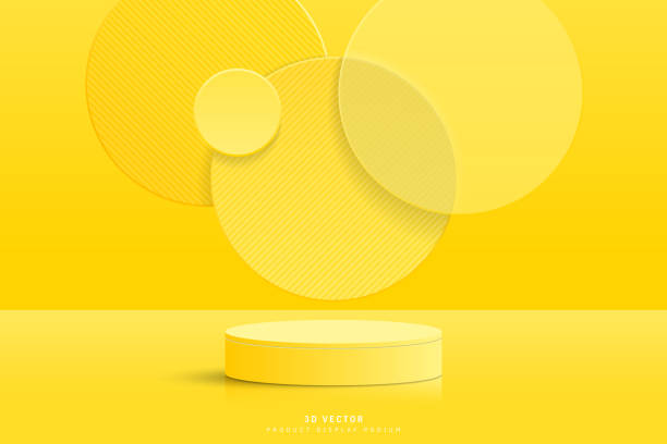 istock Abstract Yellow 3D cylinder podium pedestal or product display stand with circles glass overlap and floating on the air. Minimal scene for show cosmetic. 3D vector geometric platform design. 2155226522