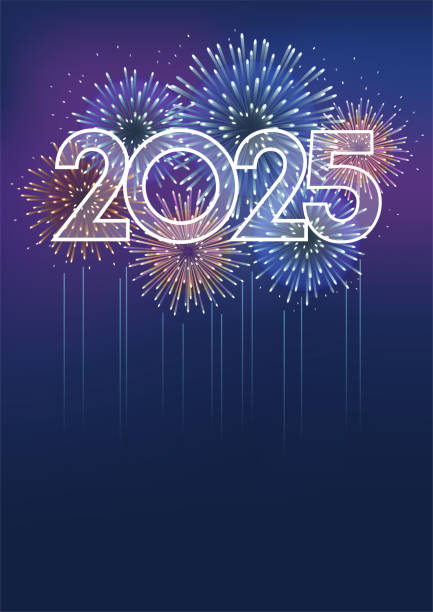 illustrations, cliparts, dessins animés et icônes de le signe vectoriel de l’année 2025 et fond de feux d’artifice de célébration avec espace de texte. - réveillon du nouvel an