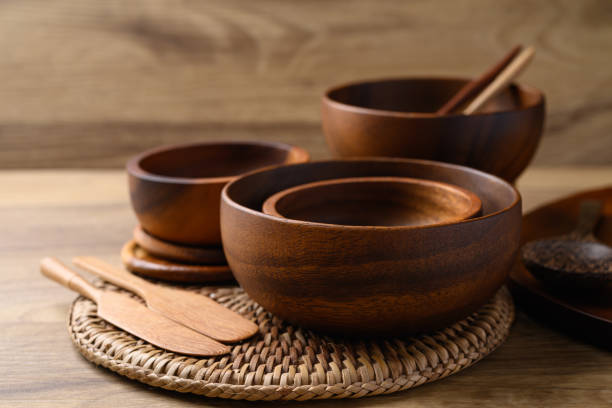 istock Various wooden bowl on wooden background, Kitchen utensils 2155230409