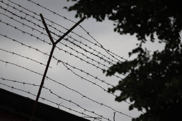 istock Shallow depth of field (selective focus) details with barbed wire on the outer wall 2155236056