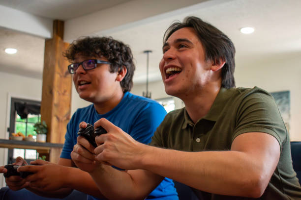 Two brothers play video games at home