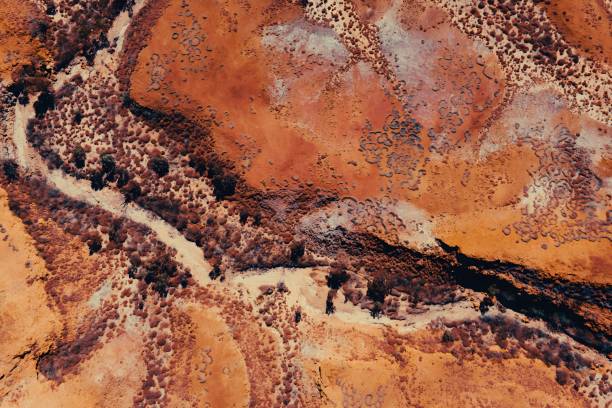 Aerial View of Desert Terrain With Red Rocks and Dirt Textures Patterns Kimberley Broome Pilbara Region Western Australia