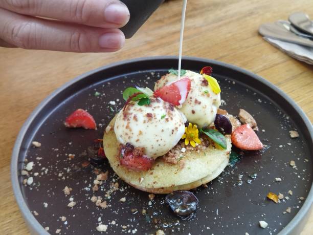 Miso pancake with berry and lemon ice cream