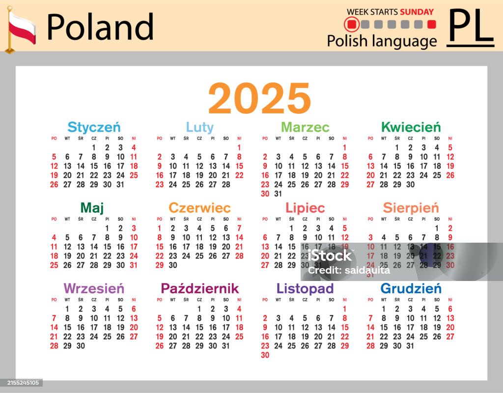 Ilustración de Polish Horizontal Pocket Calendar For 2025 Week Starts Poland Public Holiday 2025 November