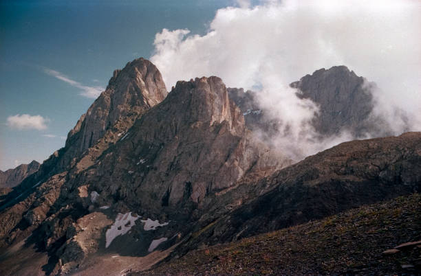 istock Chaukhi pass, foggy peak. 2155246829