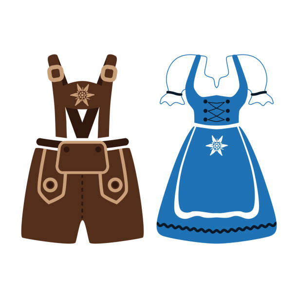 Dirndl and Lederhose. Traditional costumes of Bavaria. Women's dress and men's leather shorts. Beer Fest. Traditions of Germany. Vector illustration isolated on a white background for design and web. Dirndl and Lederhose. Traditional costumes of Bavaria. Women's dress and men's leather shorts. Beer Fest. Traditions of Germany. Vector illustration isolated on a white background for design and web. pics of dirndl skirt stock illustrations