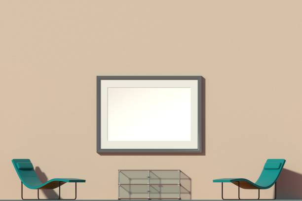 Colorful wall with frame and white background with furniture and chairs