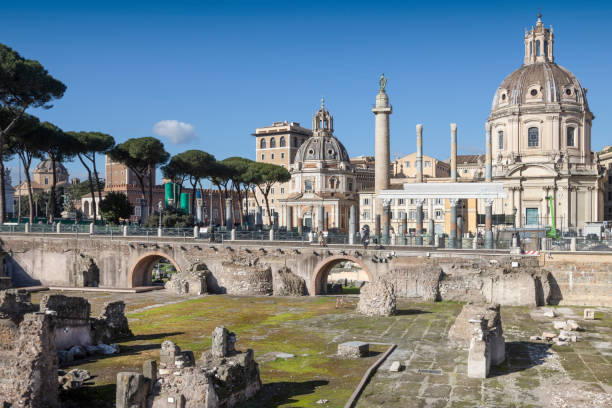 Trajans column. Ancient Rome cityscape landmark. Roman forum monument. Italy