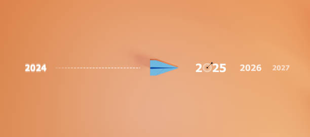 blue plane is heading to 2025 target. business creativity new idea discovery innovation technology. new year idea concept.